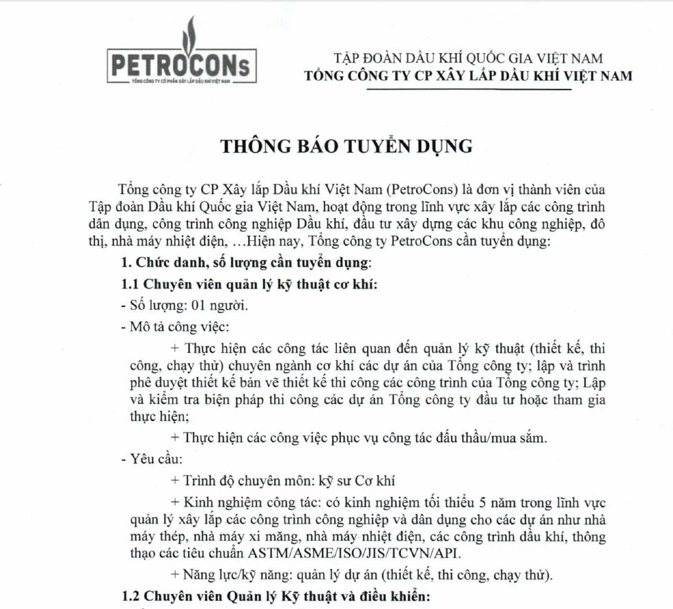 Tổng công ty Cổ phần Xây lắp Dầu khí Việt Nam thông báo tuyển dụng